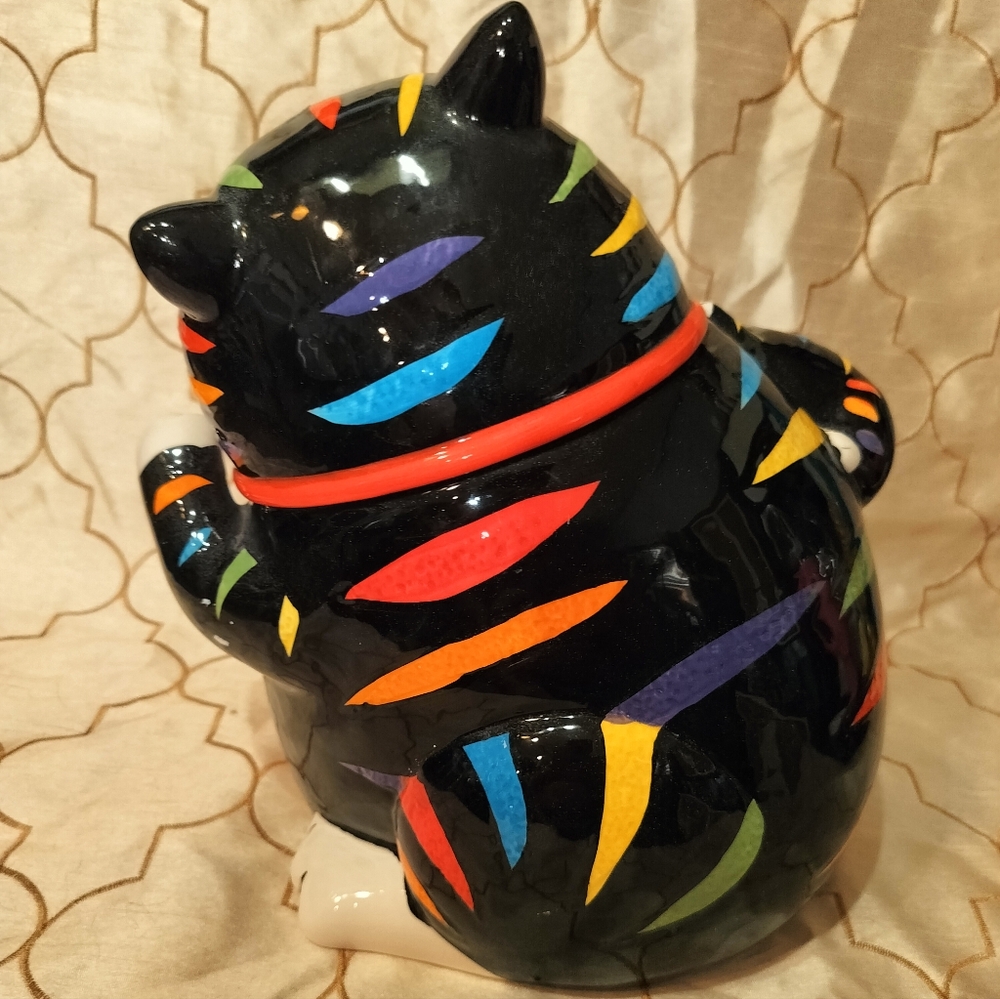 Vintage CKAO Black Cat With Multi Color Strip Ceramic Cookie Jar - Picture 6 of 13